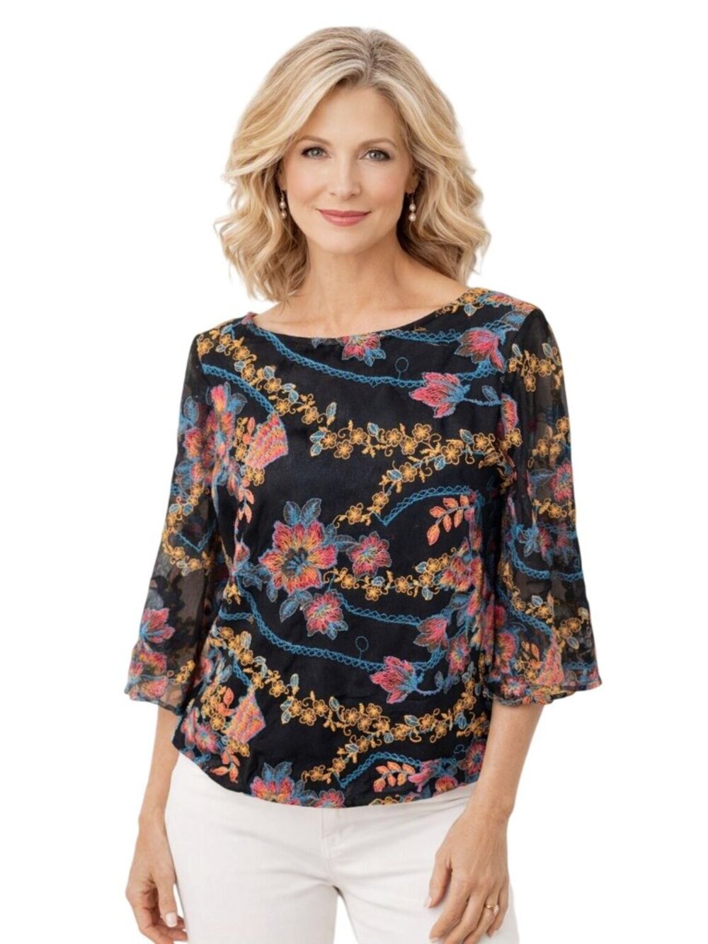 Eci New York Semi Sheer Black Multi Color Floral Embroider Blouse Formal Luxury